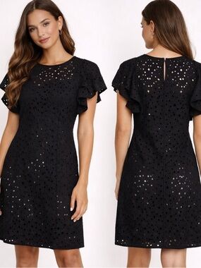 Club Monaco Black Eyelet Flutter Sleeve Shift Dress